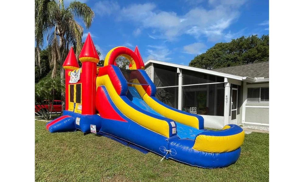 Colorful and Fun Rainbow Castle Bounce House Combo Rental